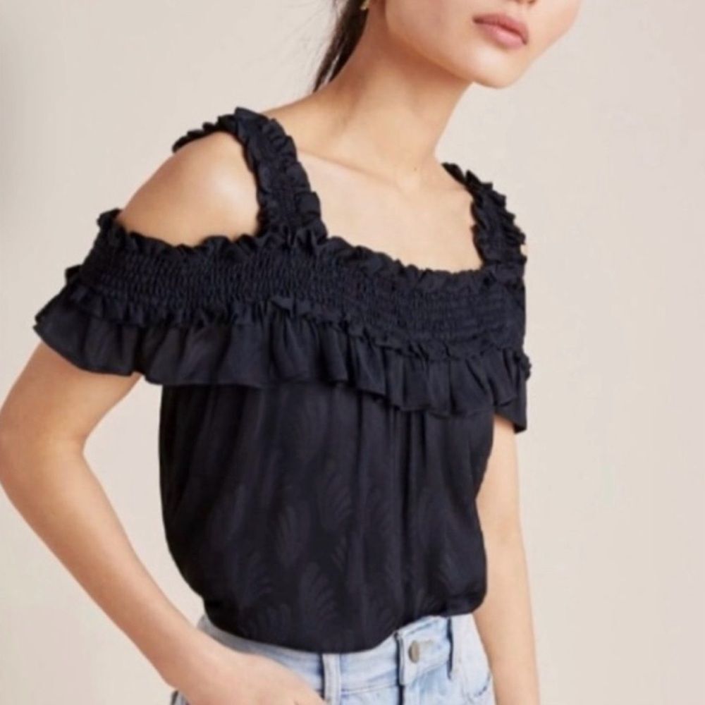 Anthropologie Black Leaf Print Finn Open Shoulder Ruffle Smocked Blouse S NWT